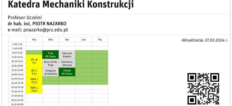 Tabliczka z rozkładem zajęć w semestrze letnim 2023/2024